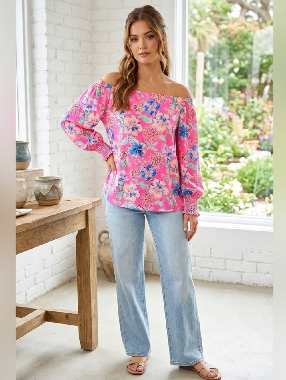 Lilly Pulitzer Hot Pink Multicolor Floral Off-Shoulder Blouse